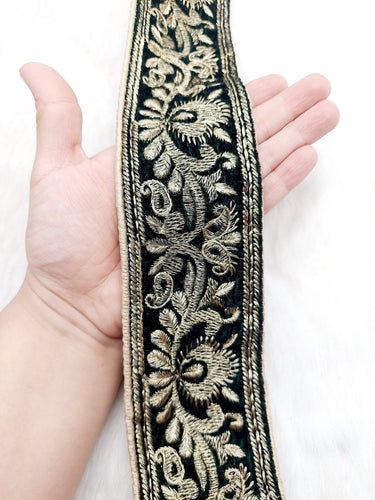 Dark Green Velvet Trim In Gold Floral Embroidery, Trim By Yard | 9 Yards, Decorative Trimming, Embroidered Trim